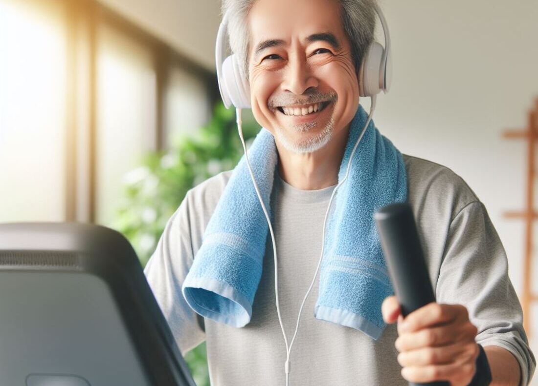 A senior adult using an elliptical trainer with a smile