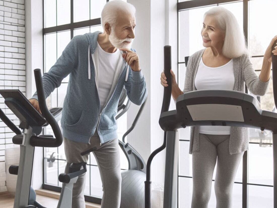 A senior man and woman deciding between an upright exercise bike and a treadmill in a gym