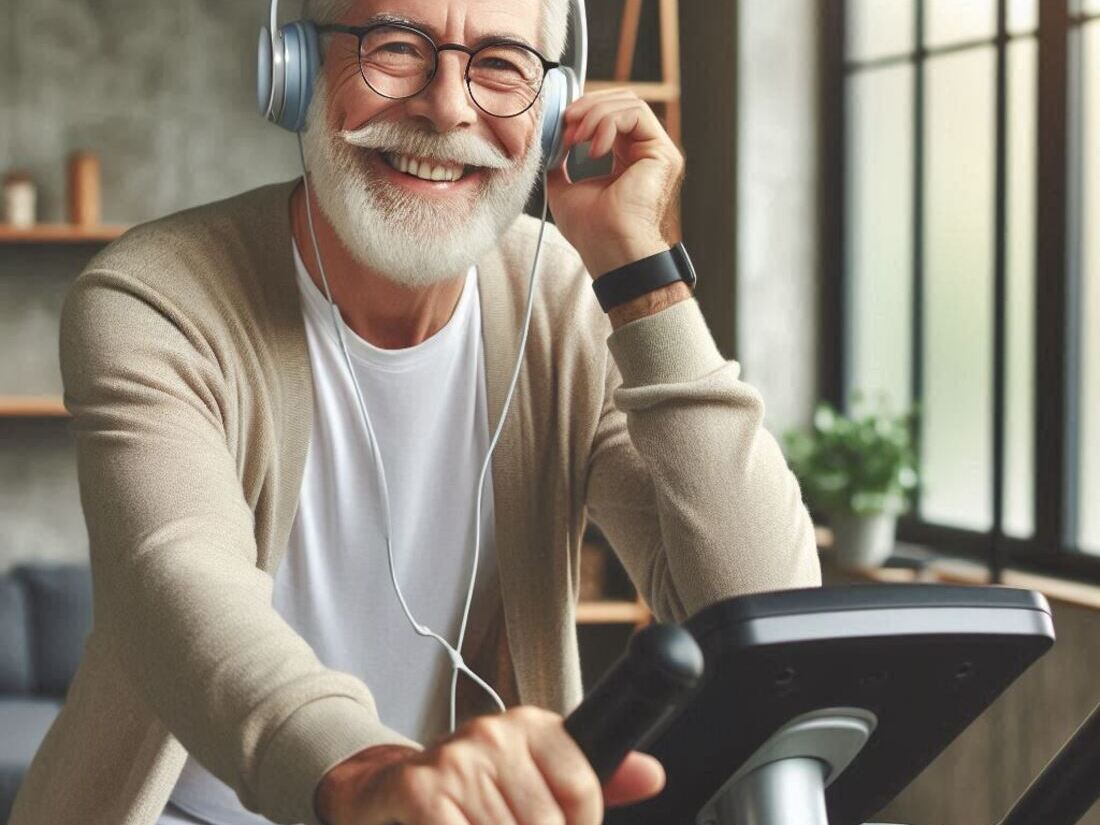 A senior man smiling and listening to music while riding an upright exercise bike