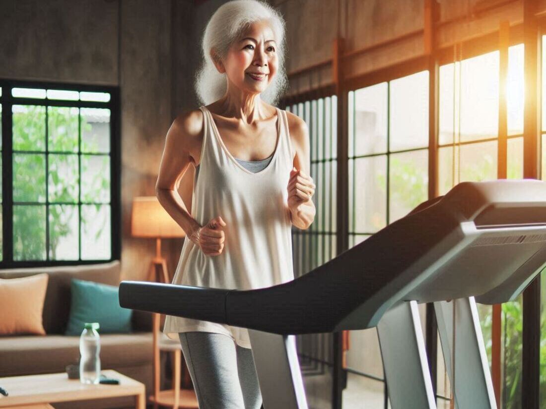 A senior woman walking briskly on a treadmill in a home gym