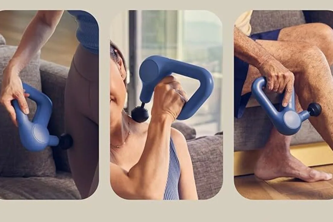 A series of images showing a person using a portable percussion massager on different muscle groups with proper technique