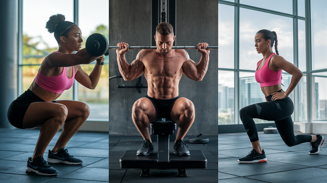 A series of three images showing correct form for squat, leg press and lunges