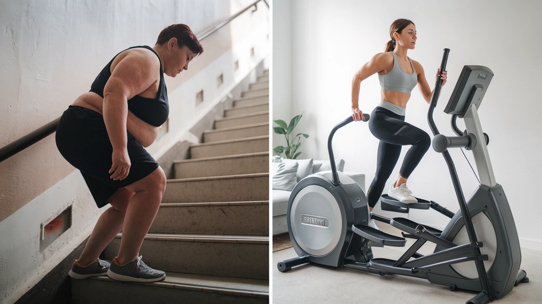 A side-by-side comparison of a person's fitness transformation journey, highlighting the effectiveness of home workouts using elliptical machines and stair climbers