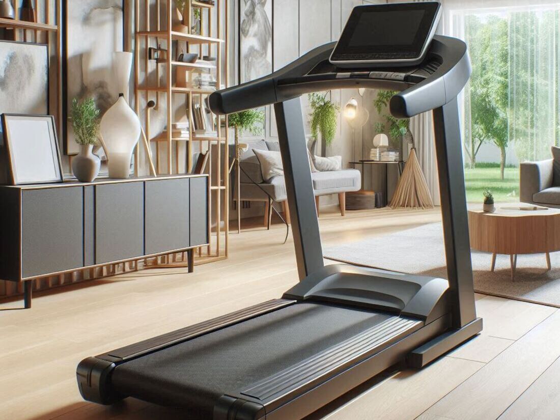 A sleek, modern motorized treadmill in a home setting