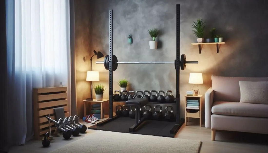 A small but organized home gym with a squat stand placed against the wall with dumbbells and kettlebells