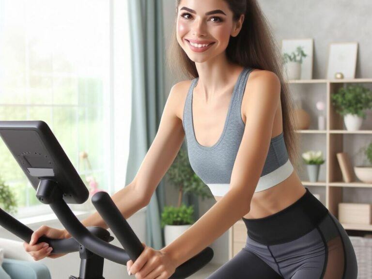 A smiling woman in workout clothes riding an upright exercise bike at home