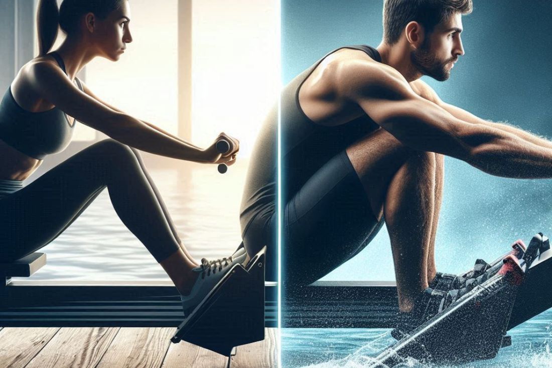 A split image showcasing a beginner rowing at a steady pace on the left and an experienced person doing interval training on the right