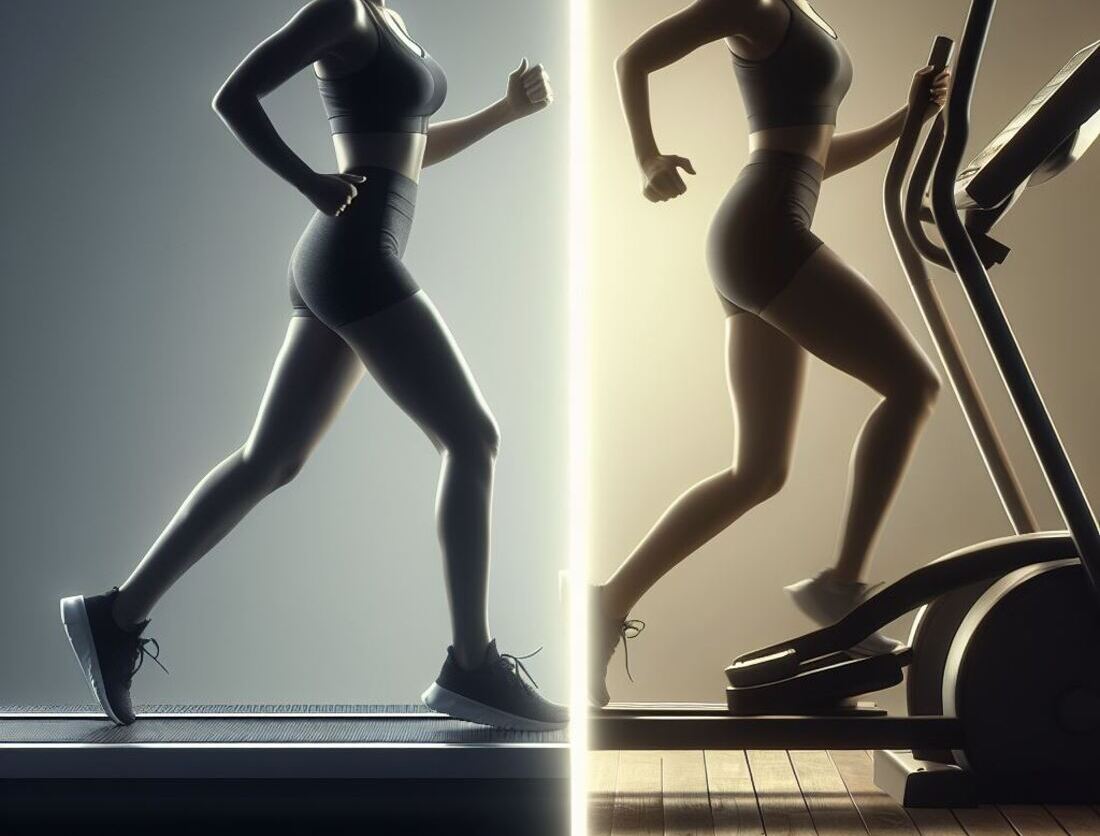 A split image showcasing a person running on a treadmill on one side and a person using an elliptical trainer on the other side