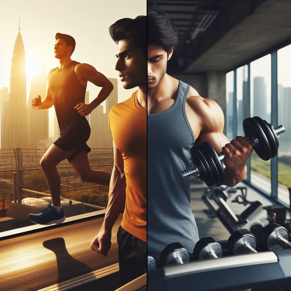 A split image showcasing a runner on a treadmill and someone lifting weights