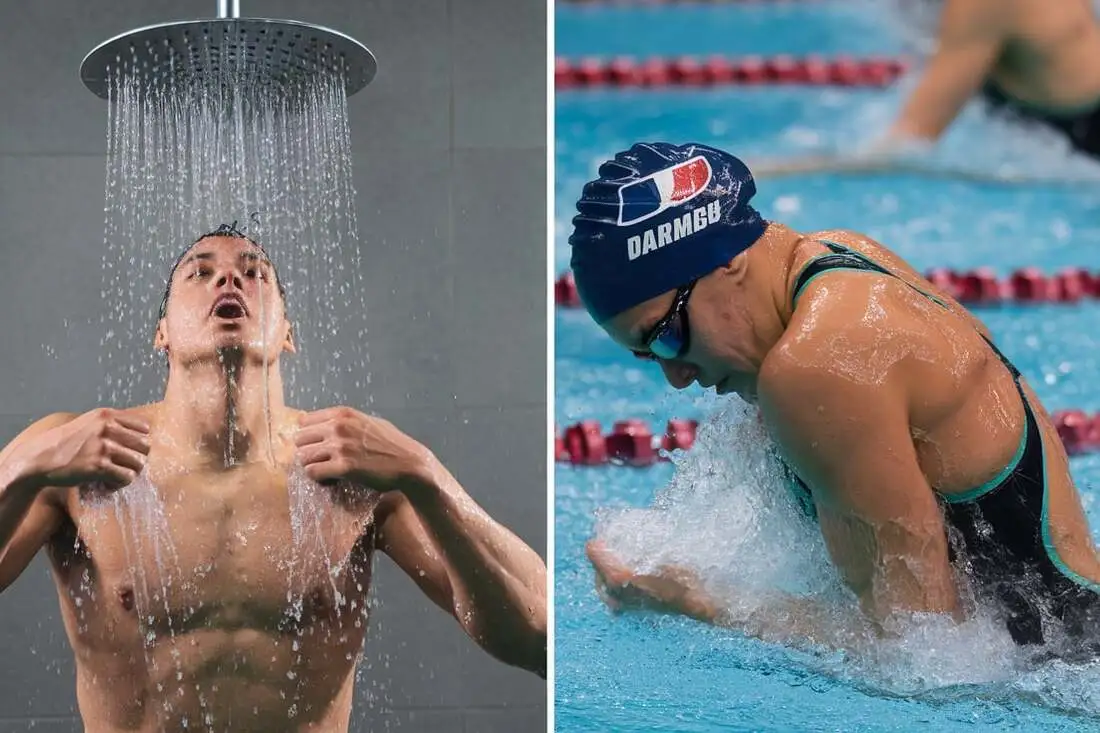 A split image showcasing an athlete taking a contrast shower (alternating hot and cold water) and then performing at their peak during a sporting event