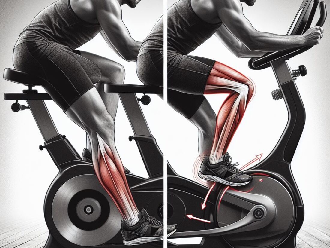 A split image showcasing proper and improper leg extension on an exercise bike