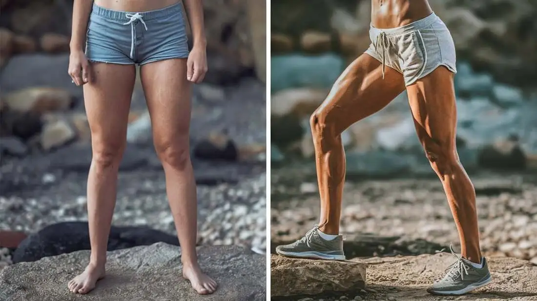 A split image showing a before image of someone with underdeveloped quads the other side showimg an after picture of the same person with toned and defined quadriceps