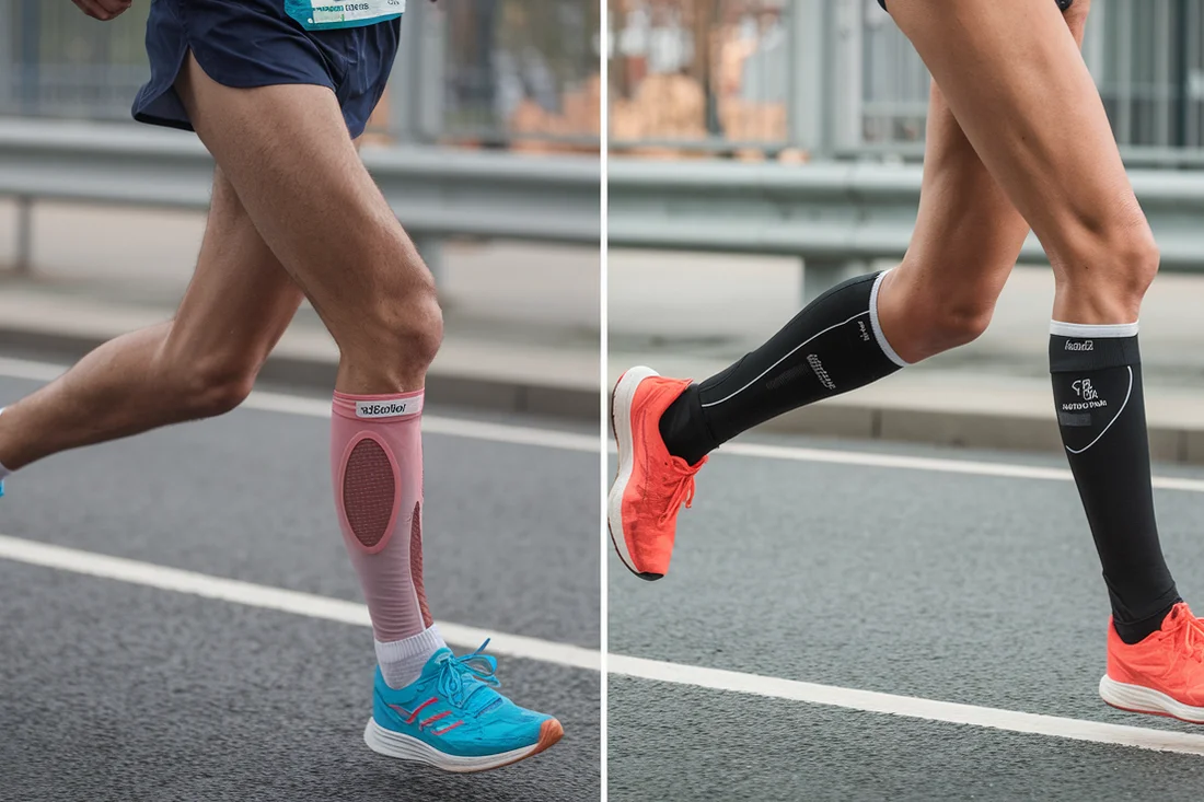 A split-screen image showing a marathon runner before and after using compression boots