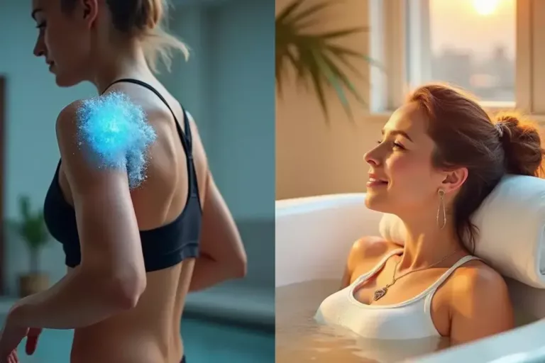 A split-screen image showing one side with an athlete applying an ice pack to their shoulder and the other side with someone relaxing in a warm bath