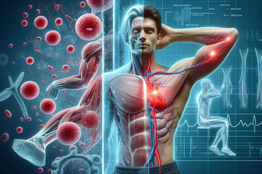 A split-screen infographic with one side showcasing microscopic muscle fibers with increased blood flow, and the other showing a person experiencing relaxed muscles, signifying pain relief