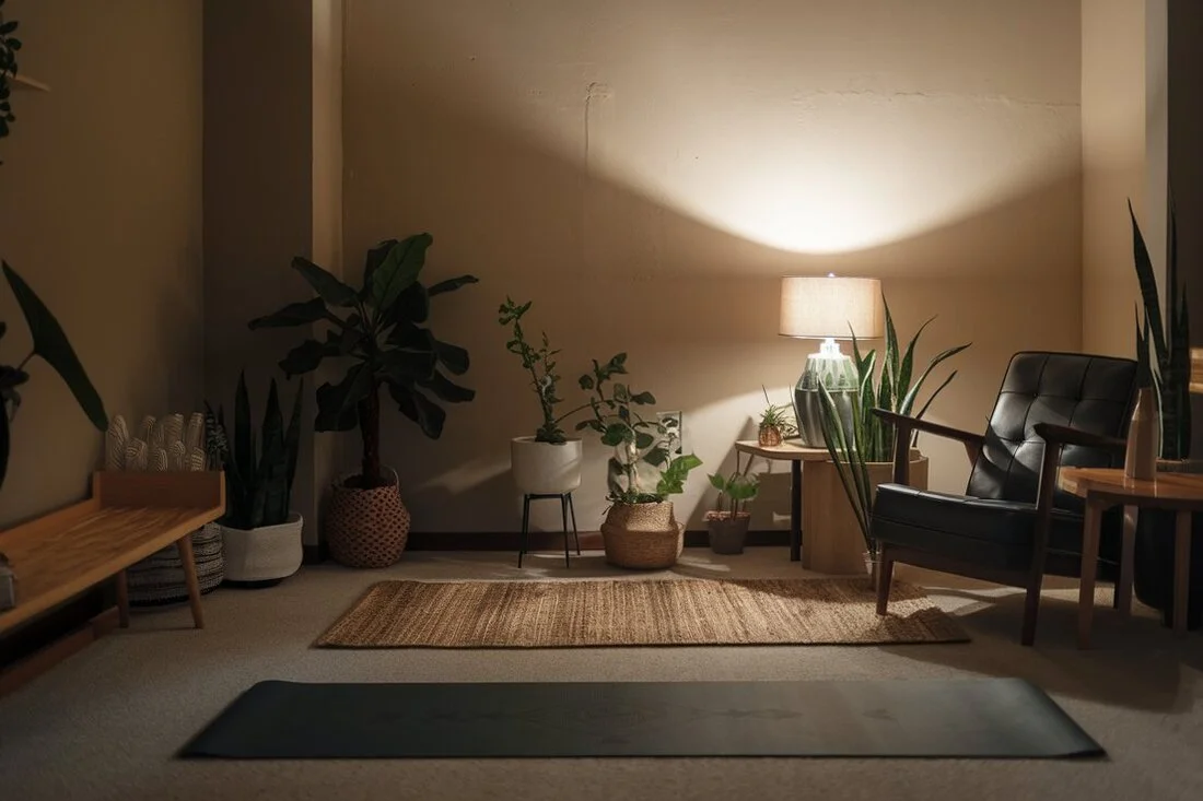 A tranquil home recovery sanctuary with dim lighting, plants, and a yoga mat