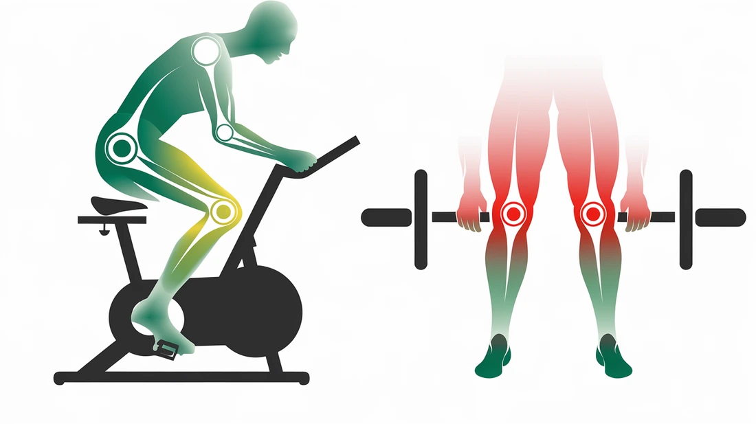 A visual representation of joint stress levels for stationary bike vs. leg press. color gradient from green (low impact) to red (high impact) on simplified joint diagrams