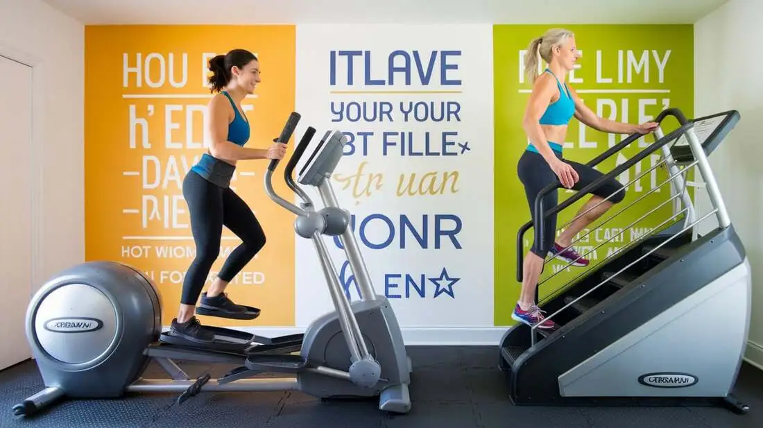 A visually appealing home gym setup featuring both an elliptical machine and a stair climber