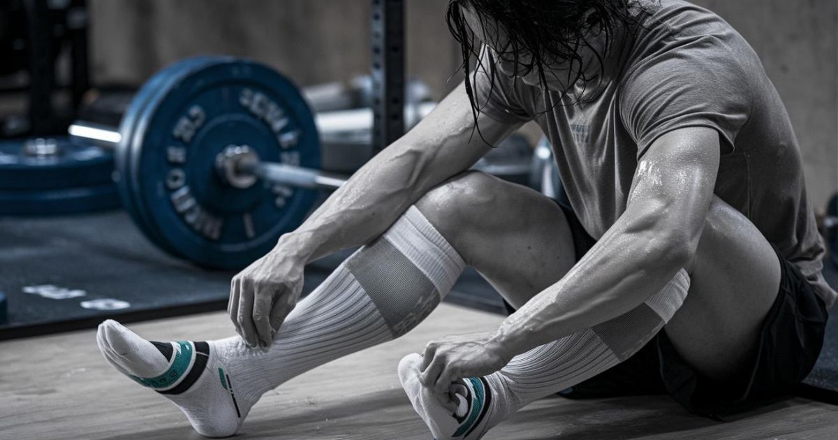 A weightlifter sitting down after a workout, taking off compression socks from their legs a look of relief and satisfaction on their face