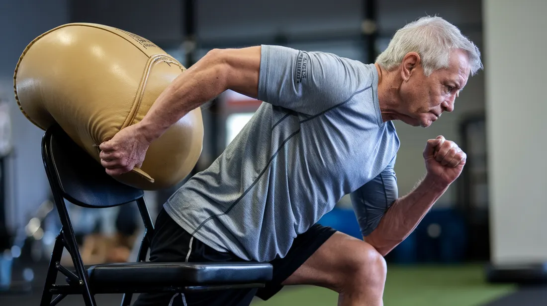 A senior man performing a modified sandbag lunge using a chair for support