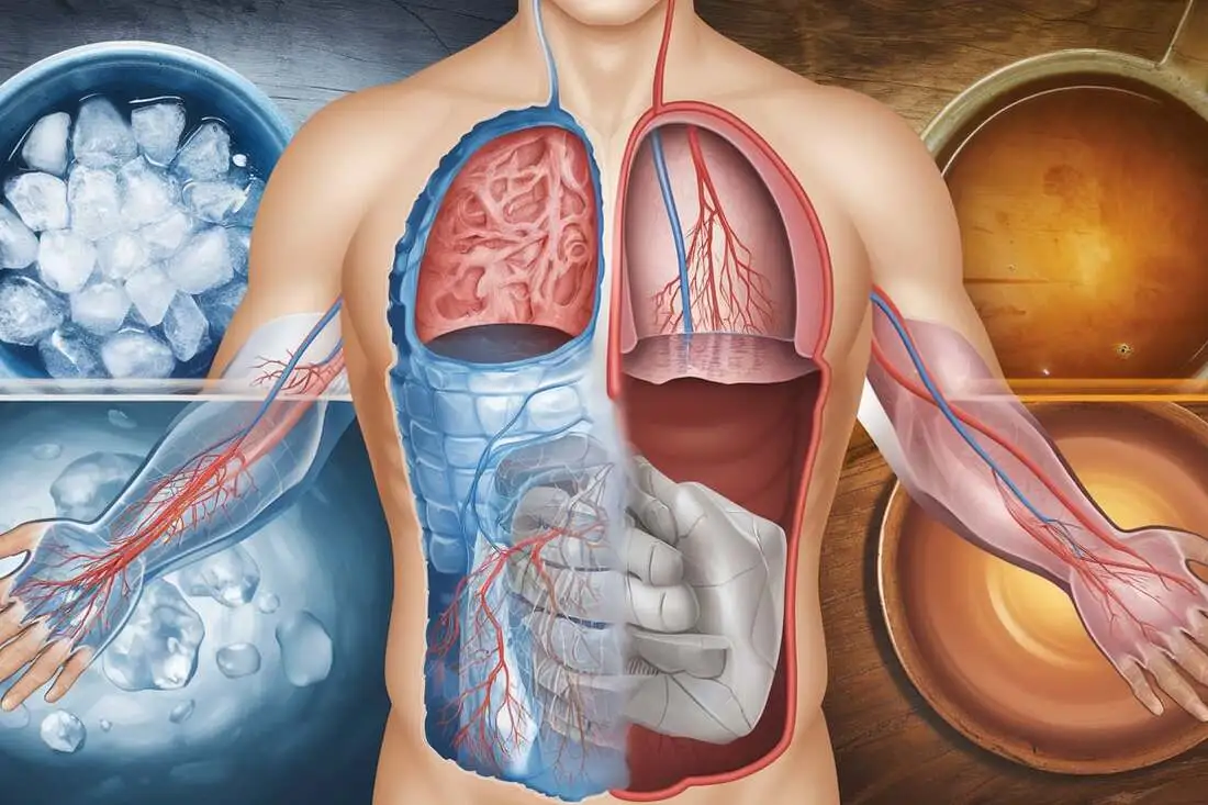 An anatomical illustration showing the effects of cold therapy (vasoconstriction) and heat therapy (vasodilation) on blood vessels