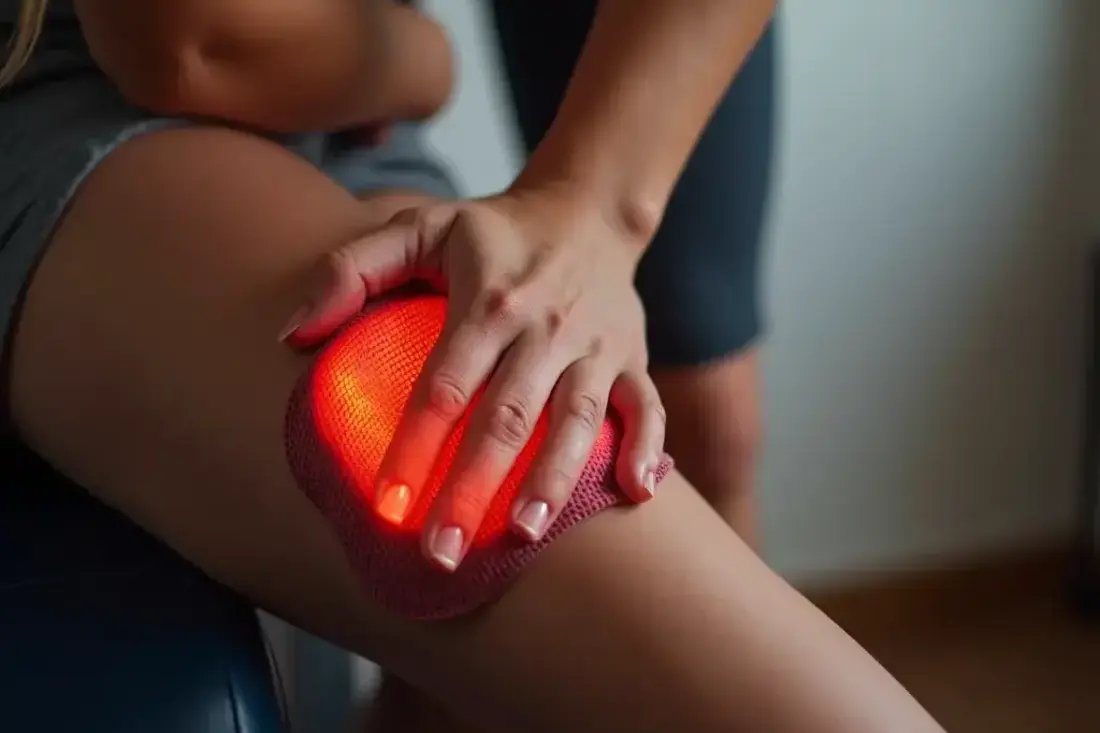 An athlete using a heating pad or warm compress on their sore muscles after a workout