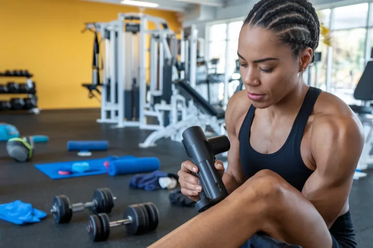 An athlete using a massage gun on their leg, with a focused, relaxed expression