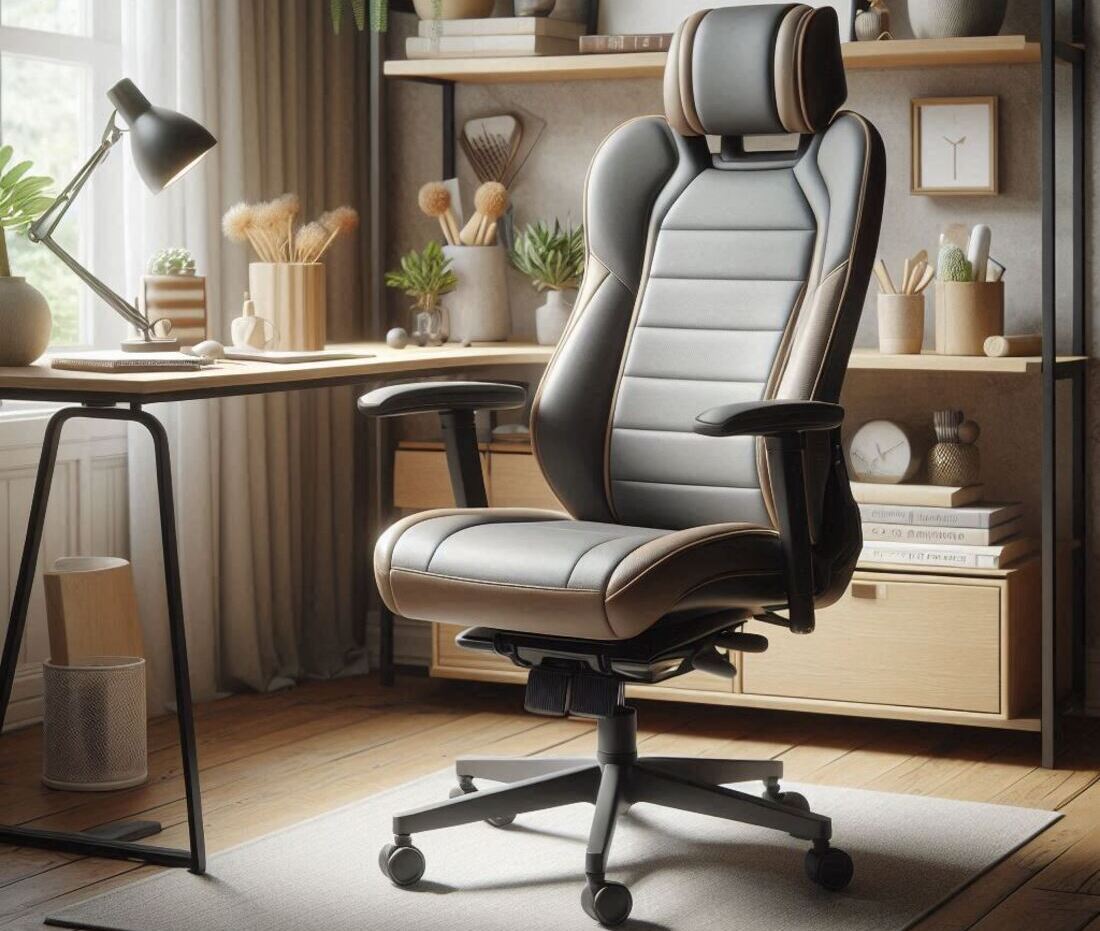 An ergonomic office chair with good lumbar support, adjustable armrests, and headrest