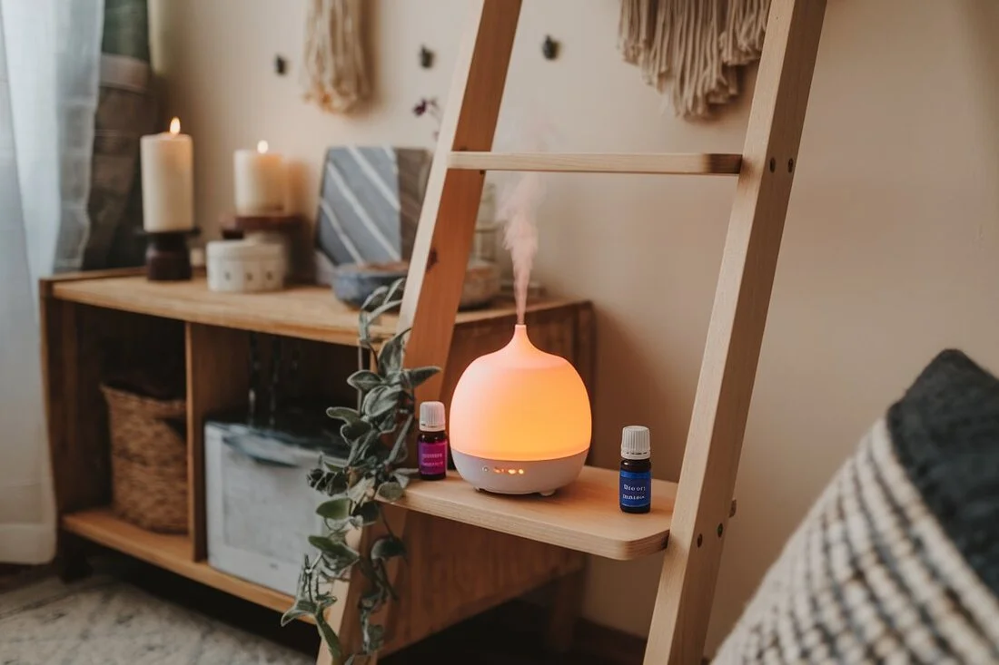 An essential oil diffuser with calming oils in a cozy setting