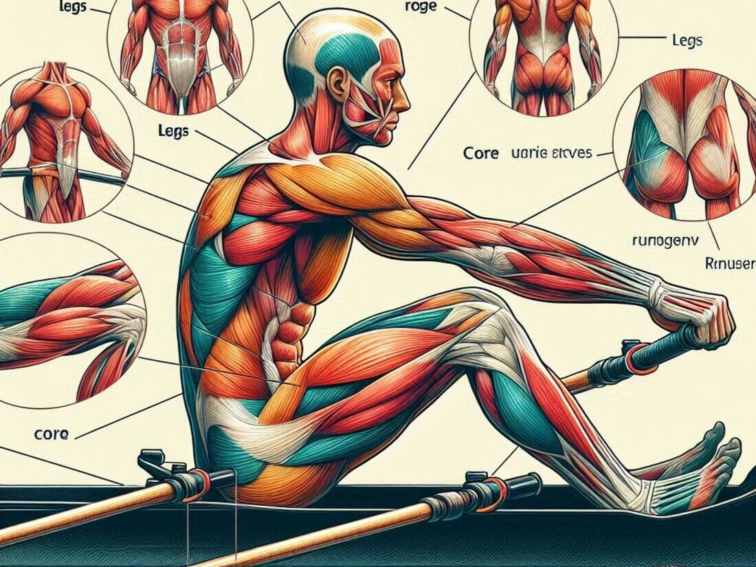 An illustration depicting the major muscle groups engaged during rowing