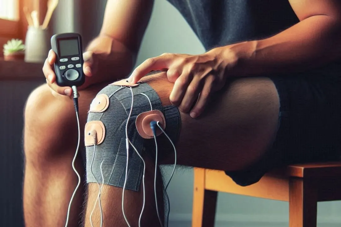 An image of a TENS unit applied to someone's knee