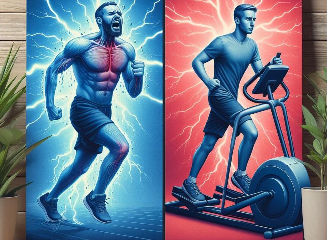 An image of a person running with a grimace vs a person using an elliptical trainer with a look of relief