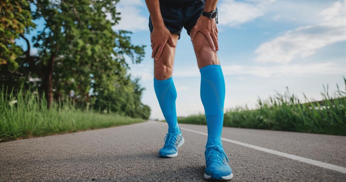 An image of a runner wearing compression socks, looking energetic and ready for training