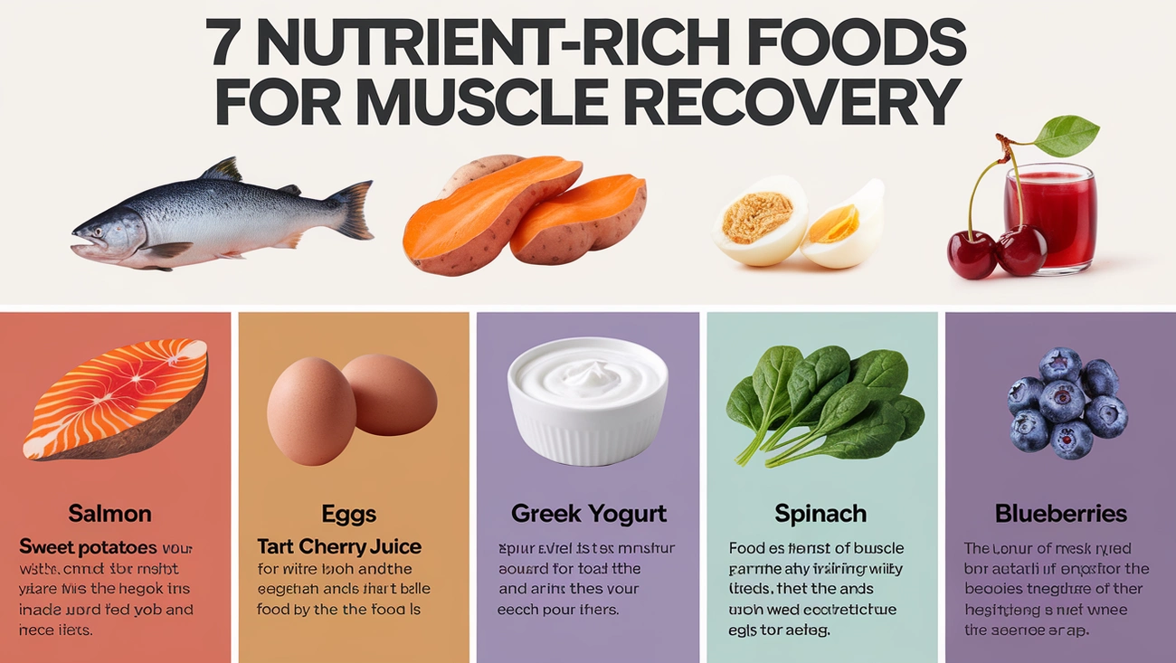 An infographic highlighting the 7 nutrient-rich foods for muscle recovery