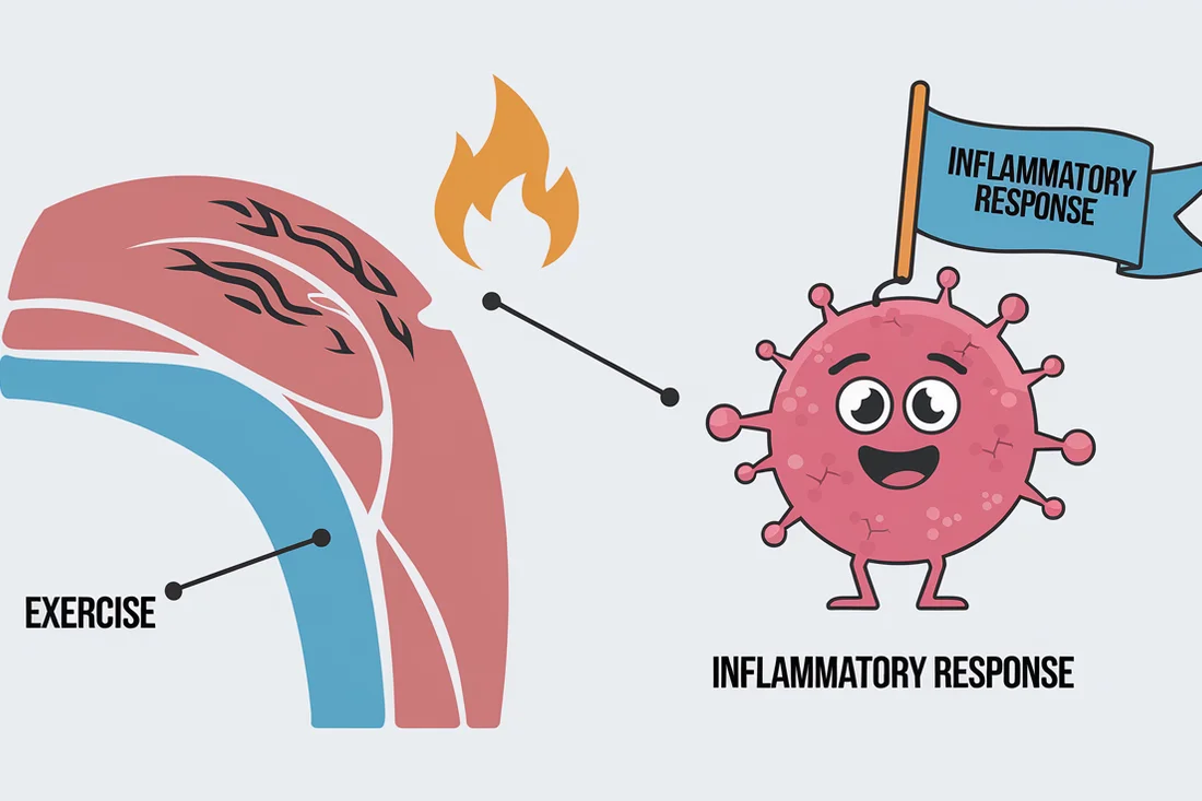 An infographic illustrating the micro-tears in muscle fibers caused by exercise and the body's natural inflammatory response