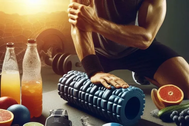 An inspiring image of an athlete stretching or using a foam roller, with background elements highlighting muscle recovery, such as water bottles, healthy foods, and a fitness tracker