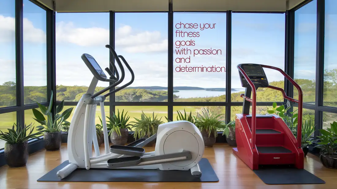 An inspiring motivational quote related to fitness, surrounded by an image of home exercise equipment in a beautiful setting