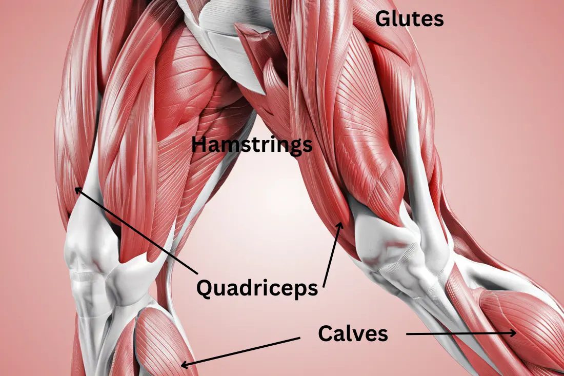 Anatomical diagram of leg muscles, highlighting quadriceps, hamstrings, glutes, and calves