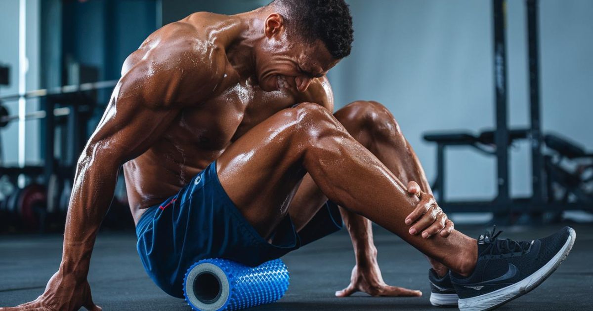 Athlete grimacing while using a foam roller on their leg