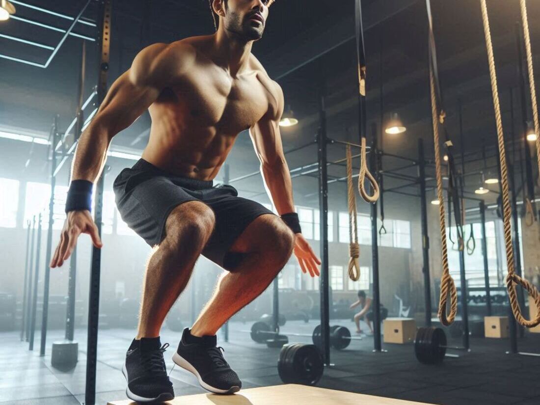 Athlete performing a powerful box jump with a determined expression