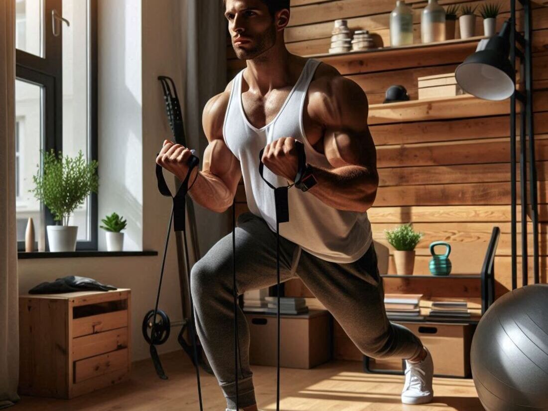 Athlete performing bicep curls with resistance bands in a small apartment with a modern interior