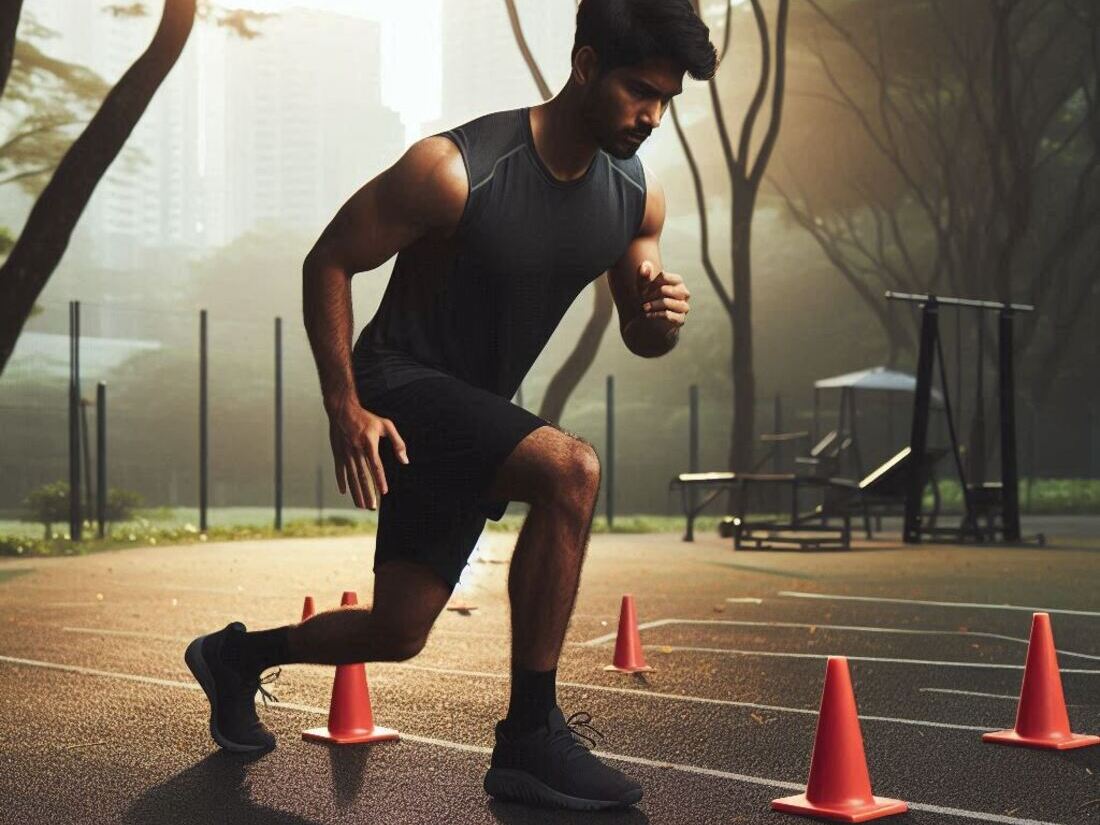 Athlete performing lateral shuffles with cone touches during a reflexive training session