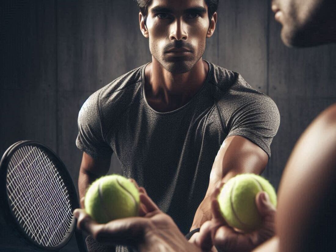 Athlete standing facing a partner holding tennis balls at arm's length on either side, focusing on the balls with intense concentration