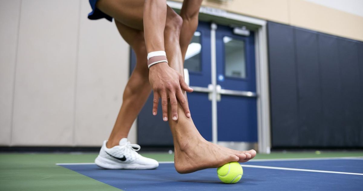 Athlete using a tennis ball on their foot