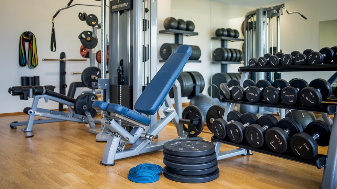 A collection of home exercise equipment for legs, including leg press machines, squat racks, and adjustable dumbbells