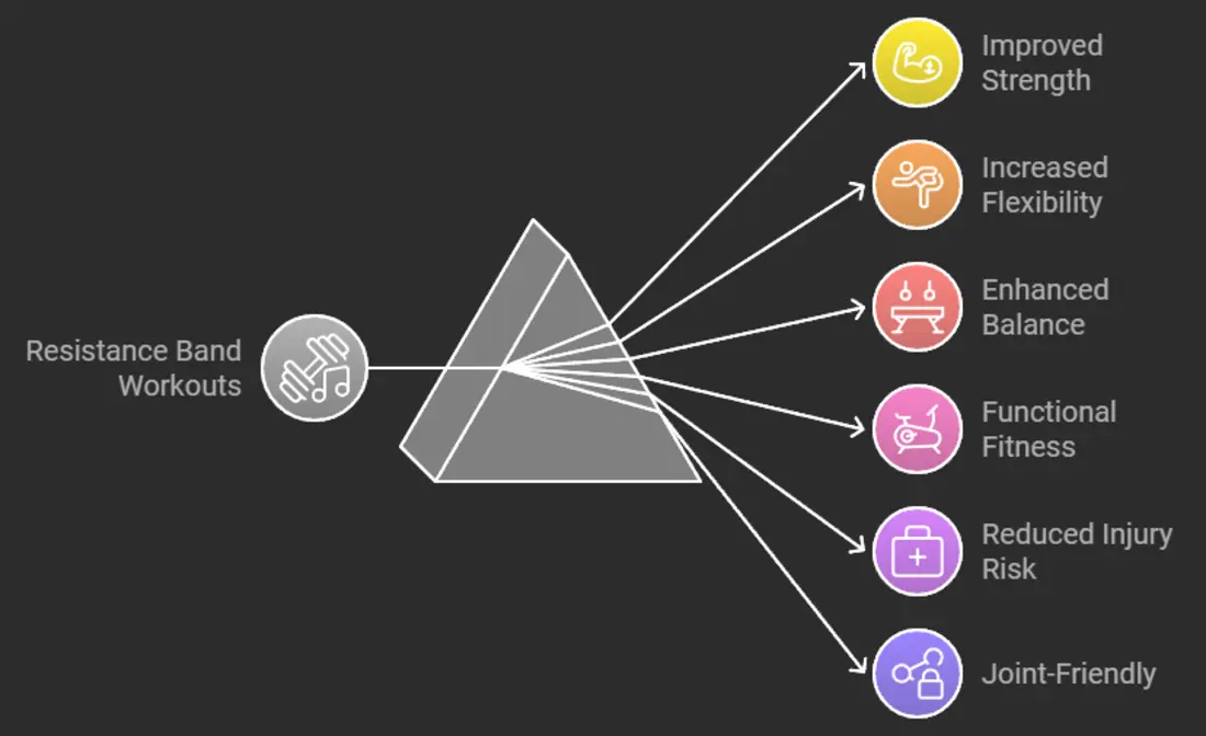 An infographic listing the benefits of resistance band leg workouts, including improved strength, flexibility, and injury prevention