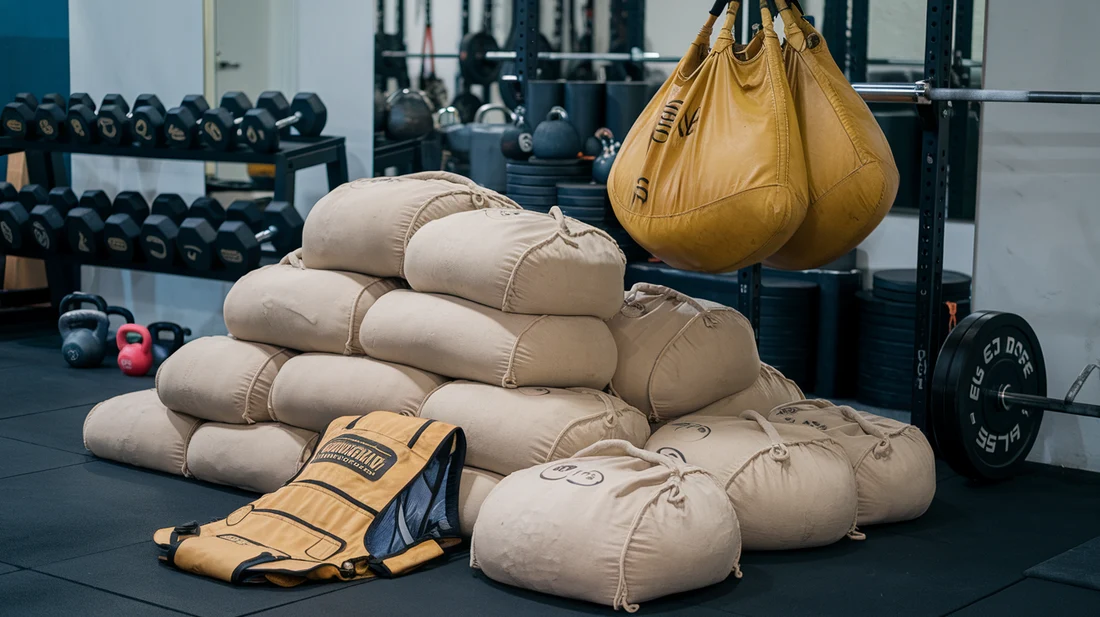 Different types of sandbags, including canvas, Bulgarian, and weighted vests