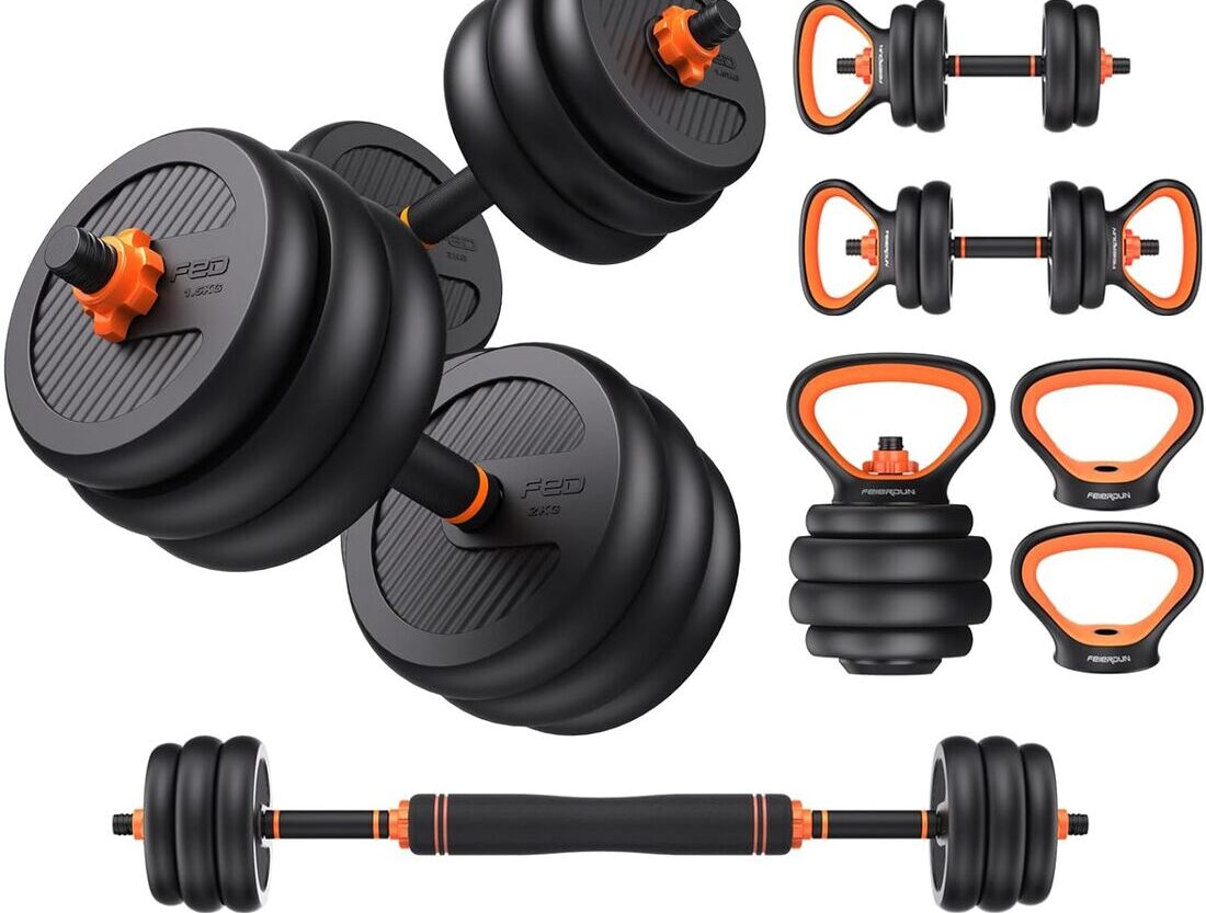 Close-up image of a pair of adjustable dumbbells with the adjustment mechanism highlighted