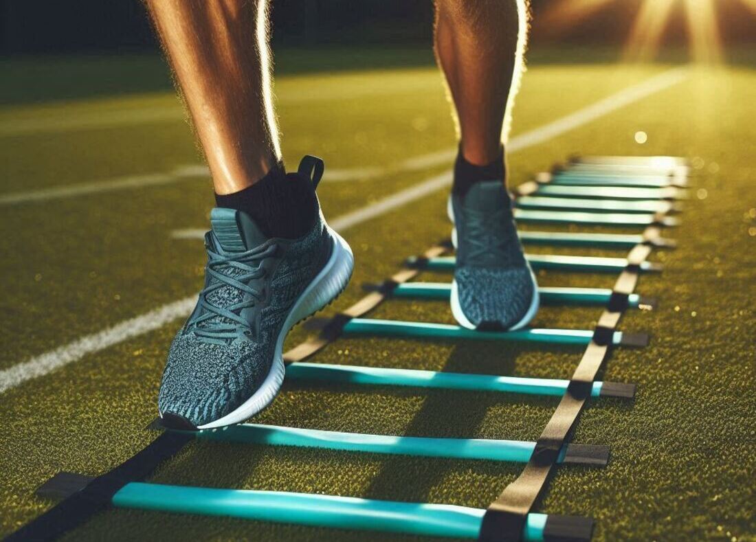 Close-up image of a person performing agility drills on an agility ladder laid out on grass