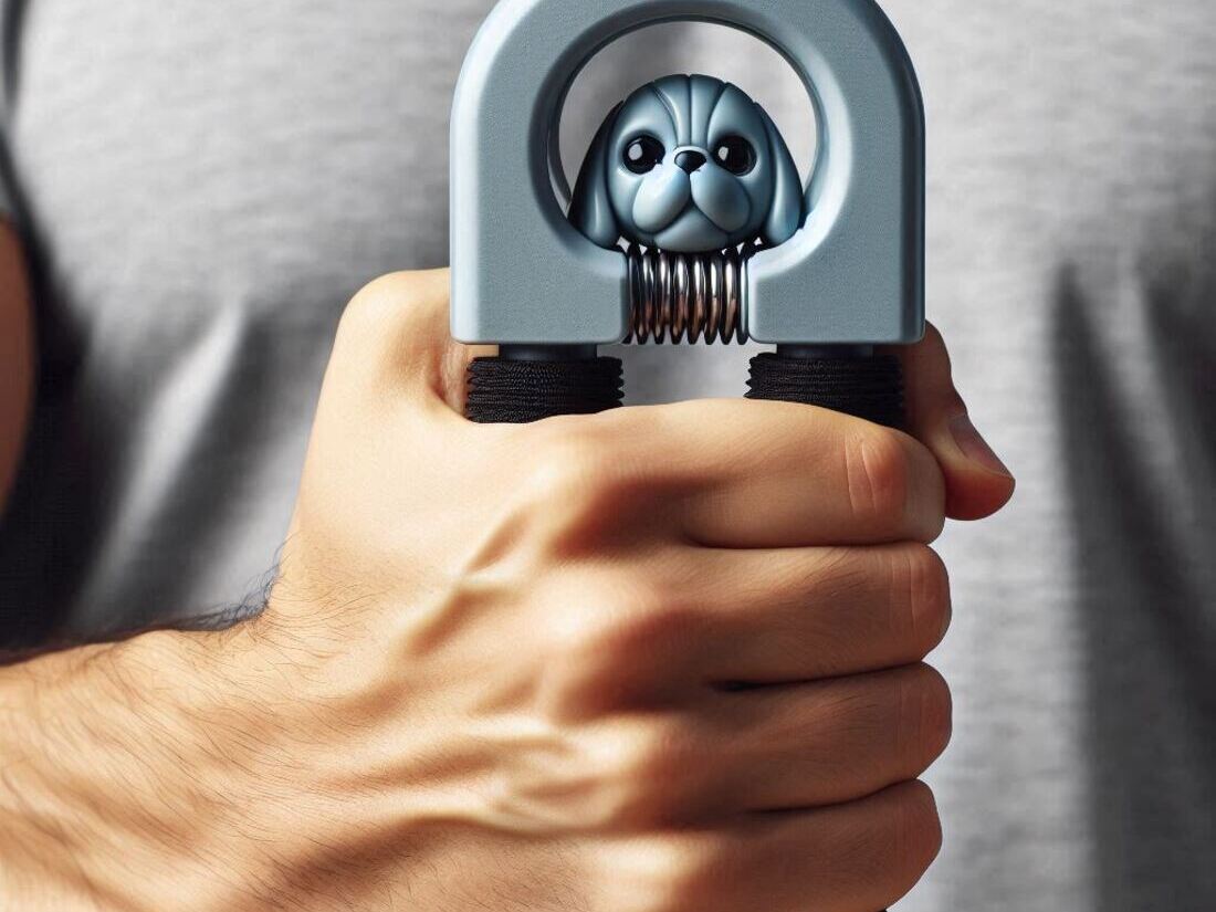 Close-up image of a person squeezing a hand squeezer trainer